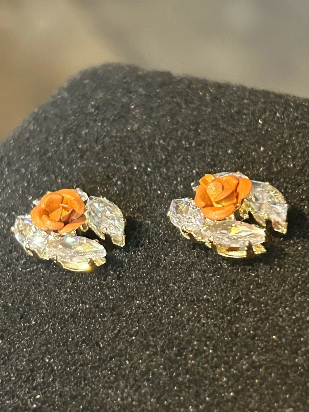 Clear Crystal Petal Studs with the light orange or terra-cotta color Rose
